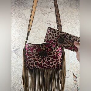 LV up cycled leopard bag and wallet Leopard Print Fringe Bag and Wallet Set B42